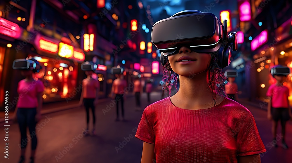 A group of people wearing VR headsets walk through a futuristic city with neon lights. A group of people wearing VR headsets walk through a futuristic city with neon lights.