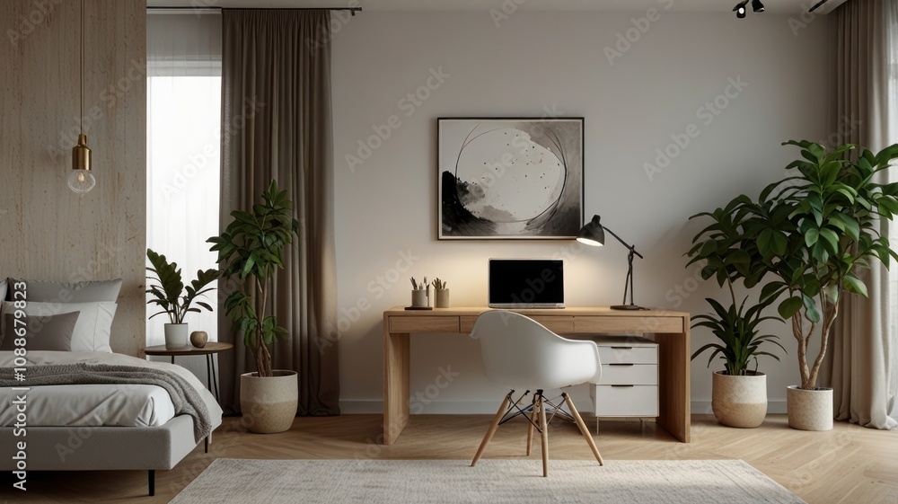 Modern bedroom with workspace, featuring a minimalist desk, comfortable bed, and lush plants. Modern bedroom with workspace, featuring a minimalist desk, comfortable bed, and lush plants.