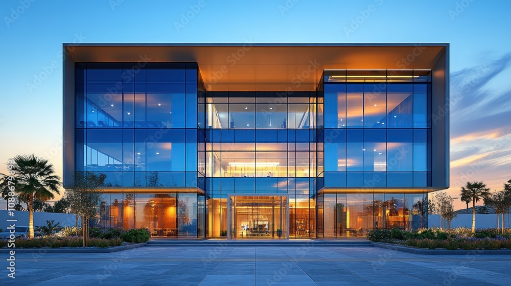 Obraz premium Modern glass building with elegant design and warm lighting.