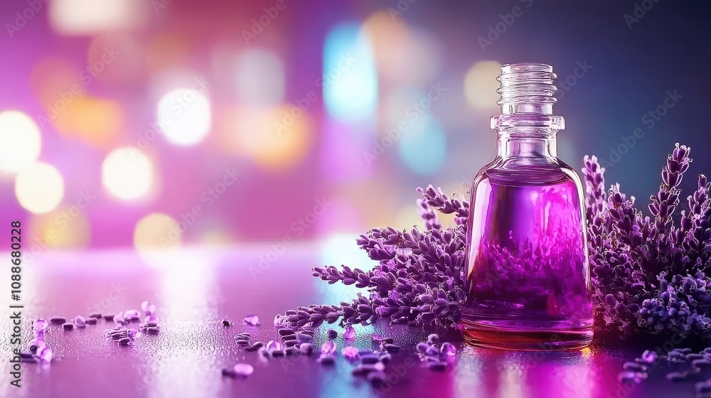 Essential Oil Bottle Surrounded by Lavender Flowers Essential Oil Bottle Surrounded by Lavender Flowers