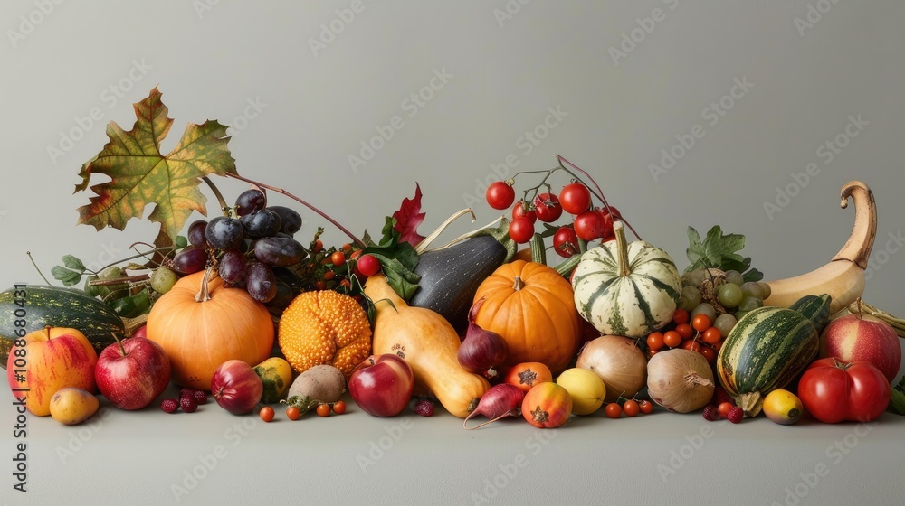 Seasonal Fruits and Vegetables on Grey Background Seasonal Fruits and Vegetables on Grey Background
