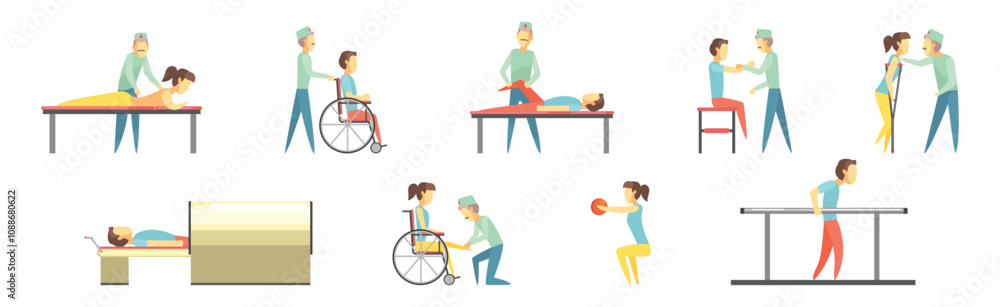 People Character at Physiotherapy and Rehabilitation Session Vector Set People Character at Physiotherapy and Rehabilitation Session Vector Set
