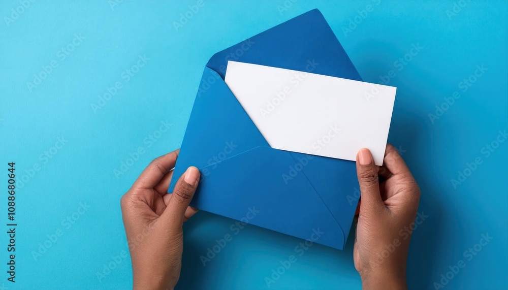 View of Hands Holding Blue Envelope and White Card - Perfect for Mail and Messages View of Hands Holding Blue Envelope and White Card - Perfect for Mail and Messages