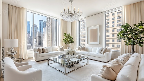 Modern white living room with city view.