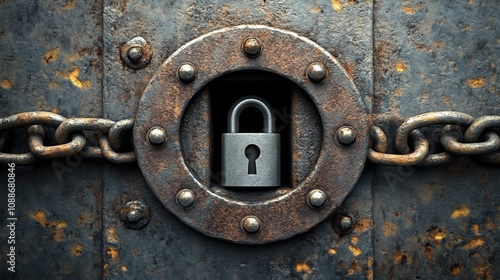 Rusted metal door with padlock and chains.