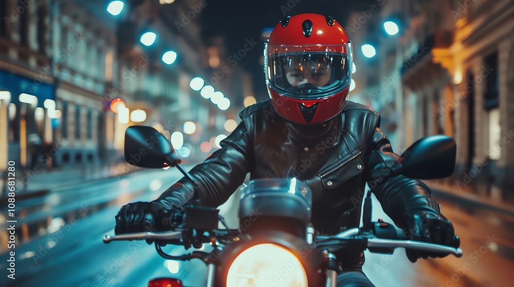 A motorcyclist in a red helmet, riding a motorcycle at night. A motorcyclist in a red helmet, riding a motorcycle at night.