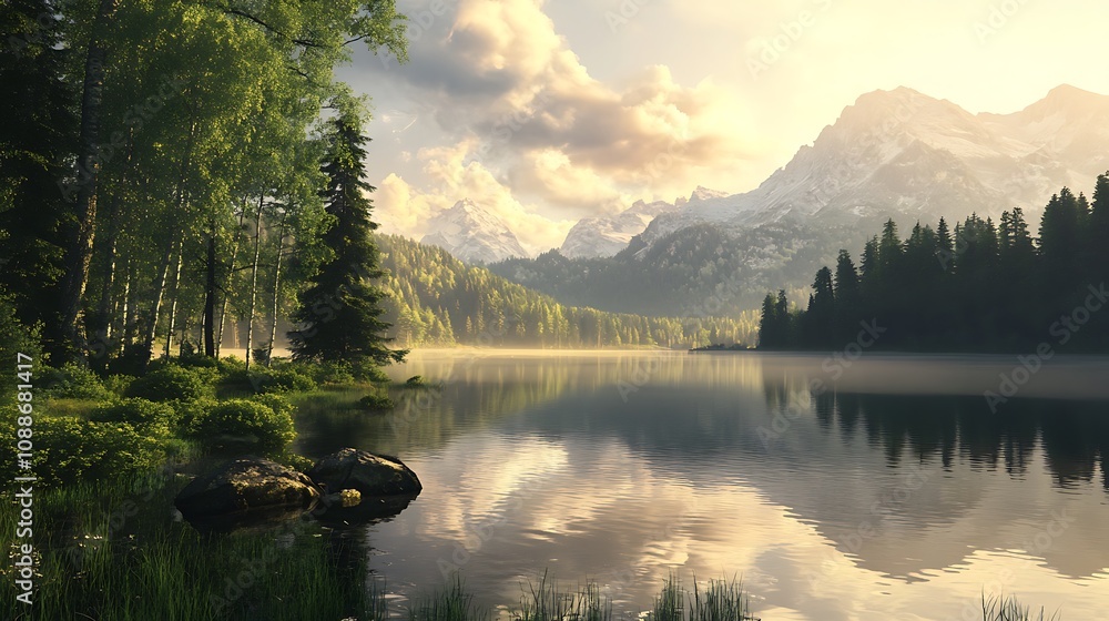 Naklejka premium Mountain Lake Sunrise Landscape