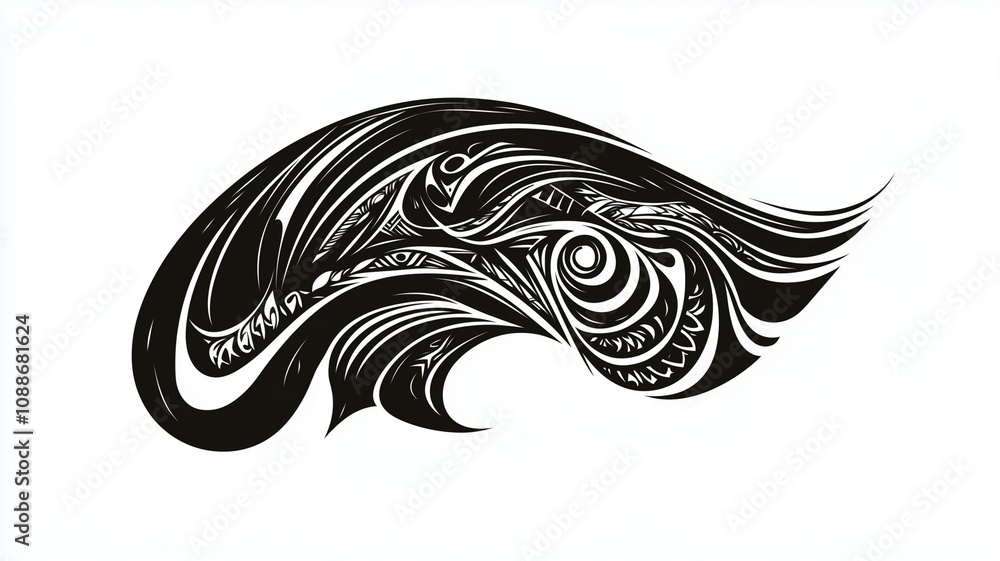 Fototapeta premium A detailed black tribal tattoo design, isolated on a pure white background