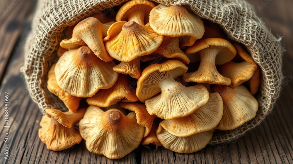 Close-up of chanterelle mushrooms piled high in a burlap sack on a worn wooden surface showcasing the intricate details and colors of the mushrooms, earthy tones, burlap sack, foraging Close-up of chanterelle mushrooms piled high in a burlap sack on a worn wooden surface showcasing the intricate details and colors of the mushrooms, earthy tones, burlap sack, foraging