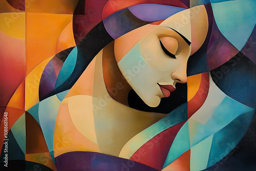 Abstract Portrait of a Woman with Closed Eyes in Vibrant Geometric Patterns
