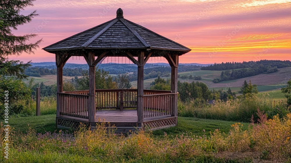 Rustic gazebo with wooden shingles, overlooking rolling hills, sunset colors Rustic gazebo with wooden shingles, overlooking rolling hills, sunset colors