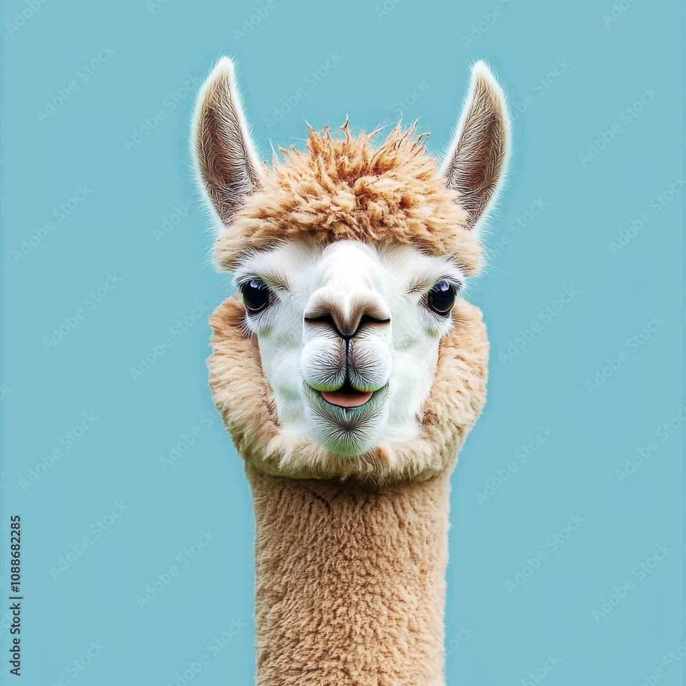 Obraz premium close up of cheerful llama with fluffy coat against blue background, showcasing its playful expression and unique features