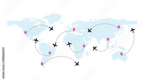 Air plane flight routes with red pin point and dash line trace. Dashed path on world map background.	