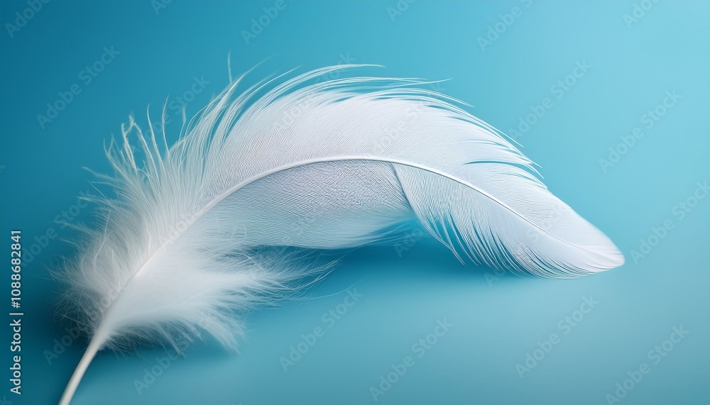 Obraz premium 優しい色合いのライトブルー背景に白いフェザーがひとつだけ控えめに配置された、洗練された冬のデザイン。