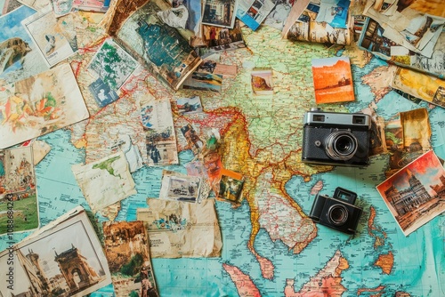 A map with a bunch of postcards and a camera on it