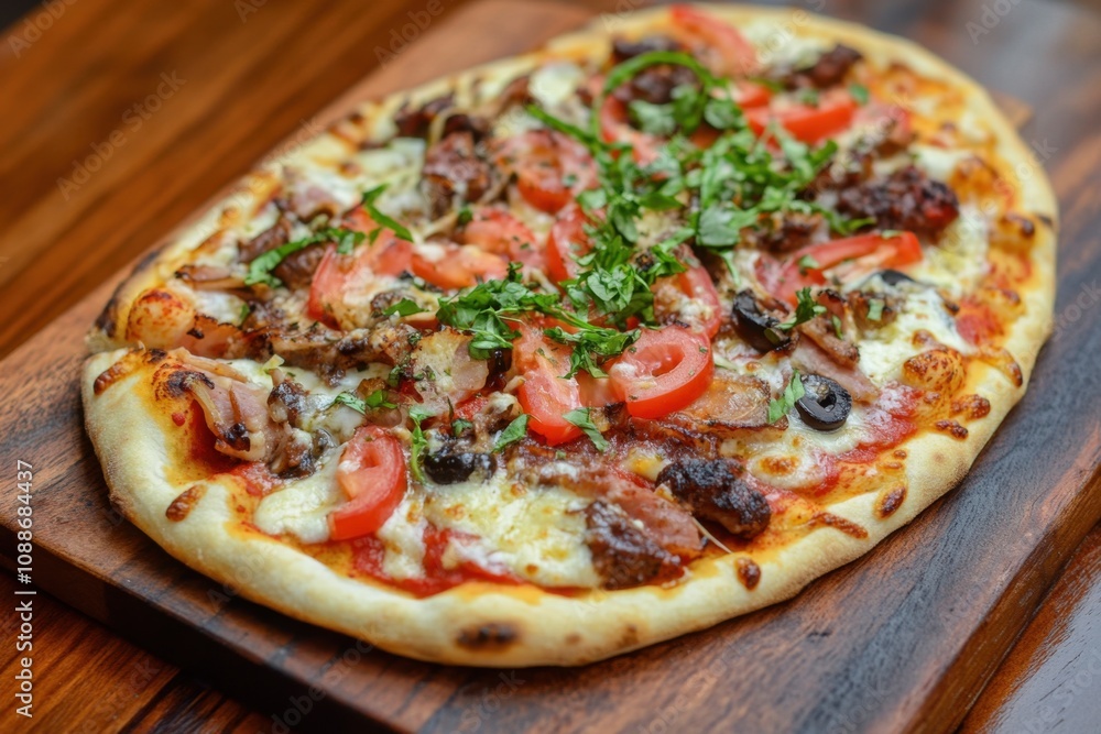 A flat, freshly baked pizza with a variety of colorful toppings, placed on a rustic wooden board. The image captures the delicious and inviting nature of the meal. A flat, freshly baked pizza with a variety of colorful toppings, placed on a rustic wooden board. The image captures the delicious and inviting nature of the meal.