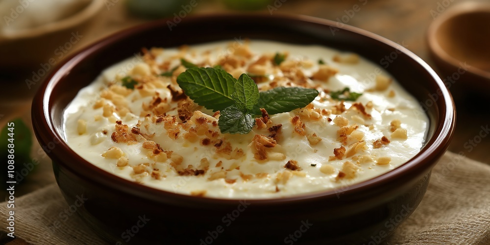 A bowl of creamy white soup with a green leaf on top. The soup has a crunchy texture from the nuts sprinkled on top. The green leaf adds a pop of color A bowl of creamy white soup with a green leaf on top. The soup has a crunchy texture from the nuts sprinkled on top. The green leaf adds a pop of color