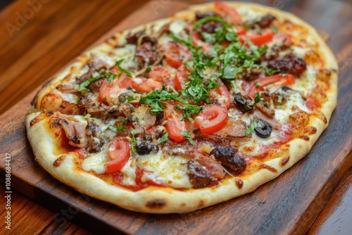 A flat, freshly baked pizza with a variety of colorful toppings, placed on a rustic wooden board. The image captures the delicious and inviting nature of the meal.