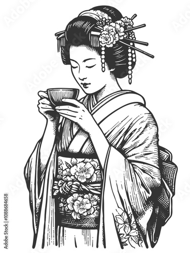 geisha in a floral-patterned kimono, holding a tea cup with grace and serenity sketch engraving generative ai fictional character vector illustration. Scratch board imitation. Black and white image.