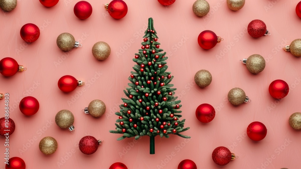 Festive scene with a Christmas tree and ornaments. Festive scene with a Christmas tree and ornaments.