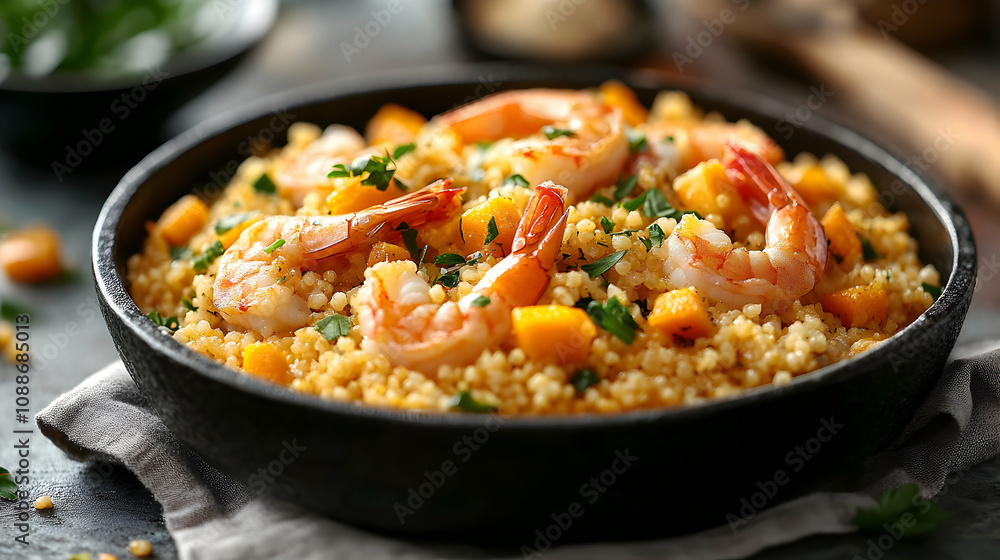 Close-up View of a Black Skillet Filled with Golden Couscous, Butternut Squash and Saut?ed Shrimp, Garnished with Fresh Parsley, Ready to be Served. Close-up View of a Black Skillet Filled with Golden Couscous, Butternut Squash and Saut?ed Shrimp, Garnished with Fresh Parsley, Ready to be Served.