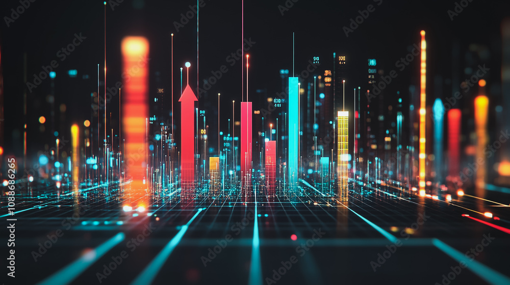 Abstract black background with 3D Colorful charts and graphs with statistics to innovative analyze business potential and forecast future development of companies growth. Abstract black background with 3D Colorful charts and graphs with statistics to innovative analyze business potential and forecast future development of companies growth.