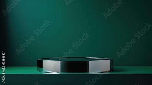 Wallpaper Mural Minimalist geometric display pedestal with reflective surface on a dark green background, ideal for showcasing products or art pieces in a modern setting Torontodigital.ca