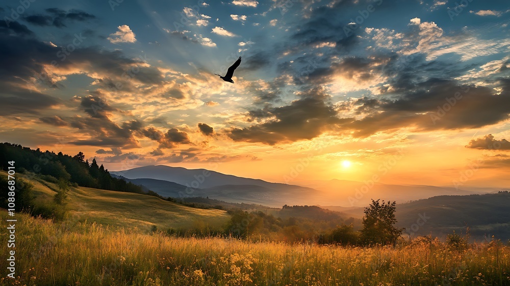 Obraz premium Sunset Landscape with Bird in Flight