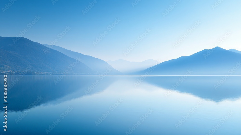 Tranquil Lakeside Serenity, a peaceful scene of still water mirroring a soft blue gradient sky, surrounded by lush greenery and distant hills, evoking calm and relaxation. Tranquil Lakeside Serenity, a peaceful scene of still water mirroring a soft blue gradient sky, surrounded by lush greenery and distant hills, evoking calm and relaxation.