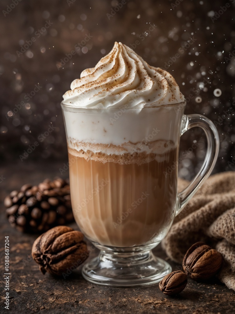 capuccino coffee with whipped cream foam in glass mug capuccino coffee with whipped cream foam in glass mug