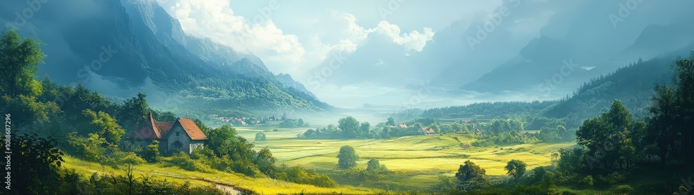 Obraz premium Serene landscape with mountains, lush fields, and a tranquil river under a cloudy sky. Perfect for nature enthusiasts and travelers.
