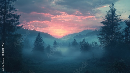 Mystical forest landscape at sunrise, with mist enveloping trees and mountains, creating a serene and tranquil atmosphere.