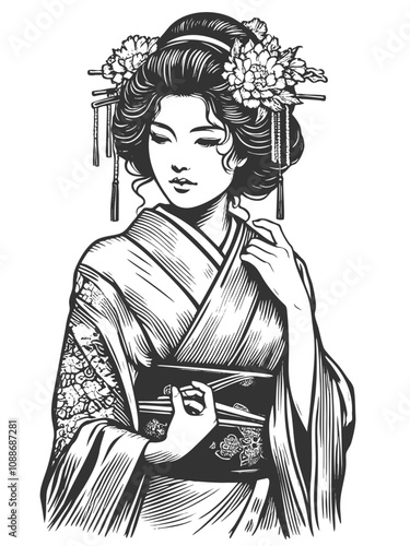 geisha in a floral-patterned kimono, asian woman sketch engraving generative ai fictional character vector illustration. Scratch board imitation. Black and white image.