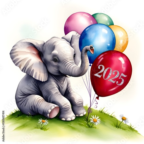 watercolor calf elephant with colorful balloons and greeting happy new year 2025