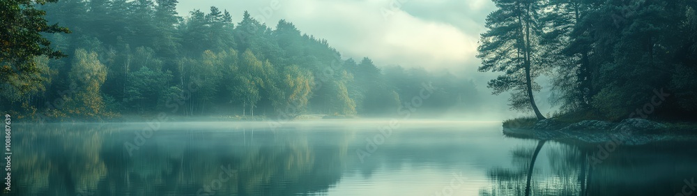 Tranquil lake surrounded by misty forest, capturing serene nature reflections in calm waters under soft light. Tranquil lake surrounded by misty forest, capturing serene nature reflections in calm waters under soft light.