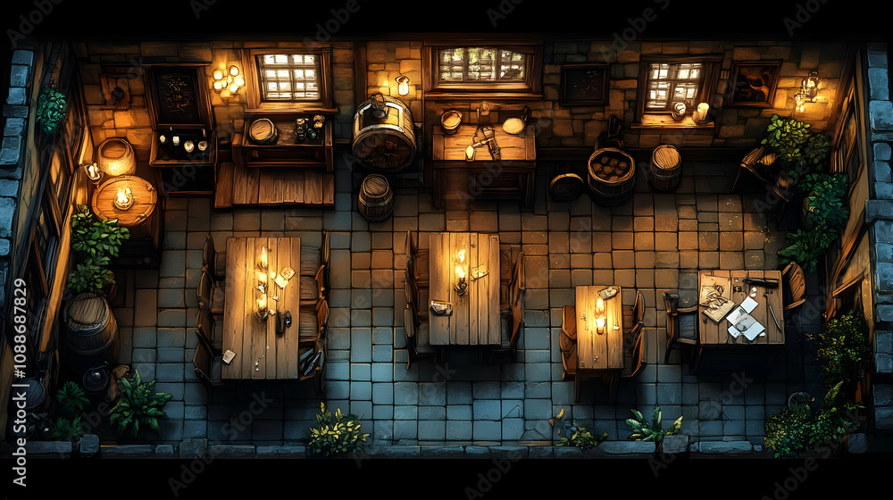 Medieval Tavern: Tables, Barrels, Candles, Cozy Atmosphere, Rustic Interior Design, Game Assets, Fantasy Setting, Top-Down View, Inn, Wooden Furniture Medieval Tavern: Tables, Barrels, Candles, Cozy Atmosphere, Rustic Interior Design, Game Assets, Fantasy Setting, Top-Down View, Inn, Wooden Furniture