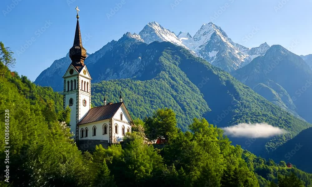 Alpine church nestled in lush greenery with majestic snow-capped mountains in the background. Alpine church nestled in lush greenery with majestic snow-capped mountains in the background.