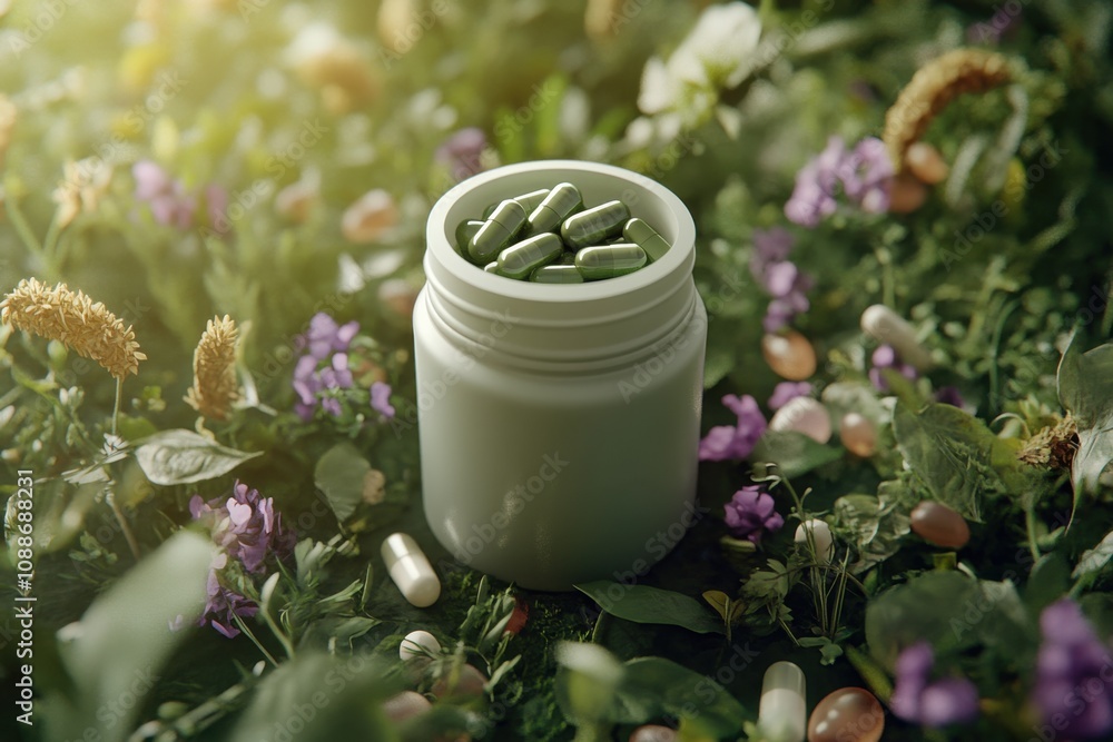 A jar of green pills is on a green background A jar of green pills is on a green background