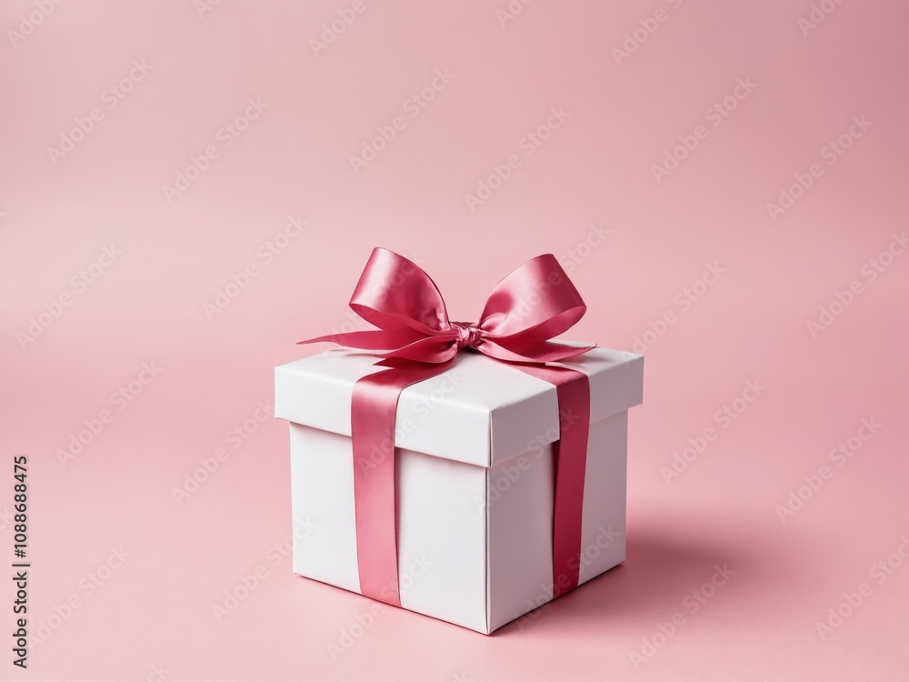 White gift box with pink ribbon on pink background White gift box with pink ribbon on pink background