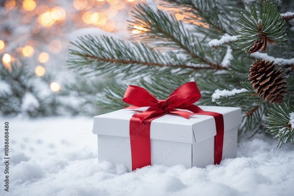 White gift box with red ribbon sits in snow near pine branch White gift box with red ribbon sits in snow near pine branch