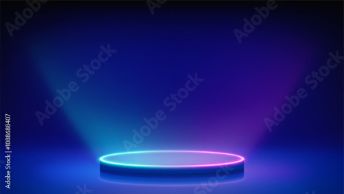 Futuristic stage, glowing podium. Blue room, round magenta blue neon pedestal podium illuminating the advertised product from below. Background for displaying products, presentation. Backdrop. Vector