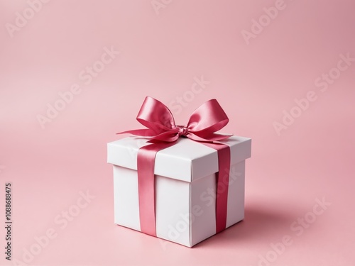 White gift box with pink ribbon on pink background