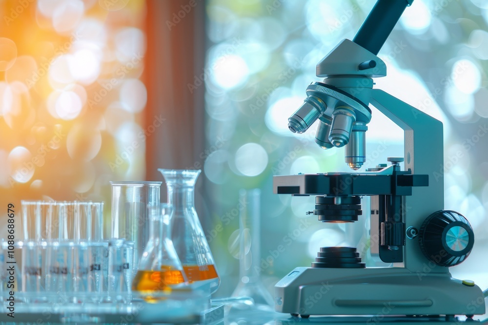 Laboratory instruments, microscope, test tubes and glass flasks for microbiology and chemistry in the laboratory Laboratory instruments, microscope, test tubes and glass flasks for microbiology and chemistry in the laboratory