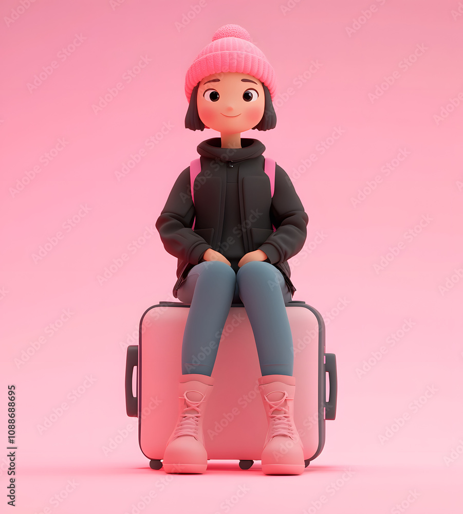 3D render style girl with suitcase 3D render style girl with suitcase