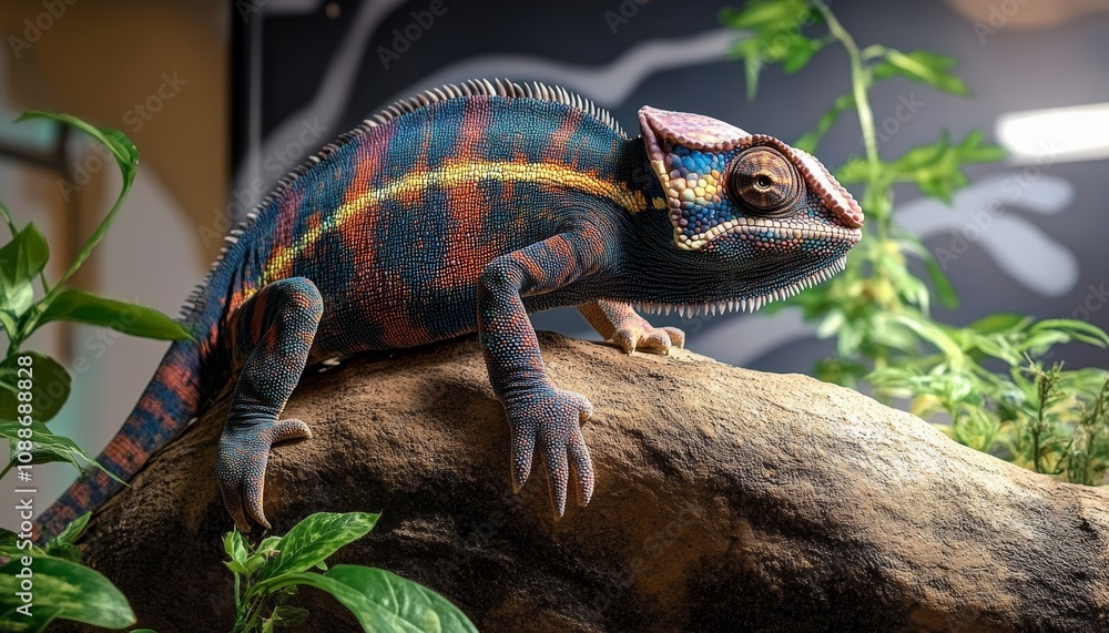Fototapeta premium Vivid Panther Chameleon Perched on a Rock, Displaying Vibrant Colors and Intricate Patterns