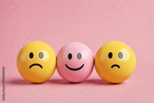 Three emoji spheres display happy and sad faces on pink background