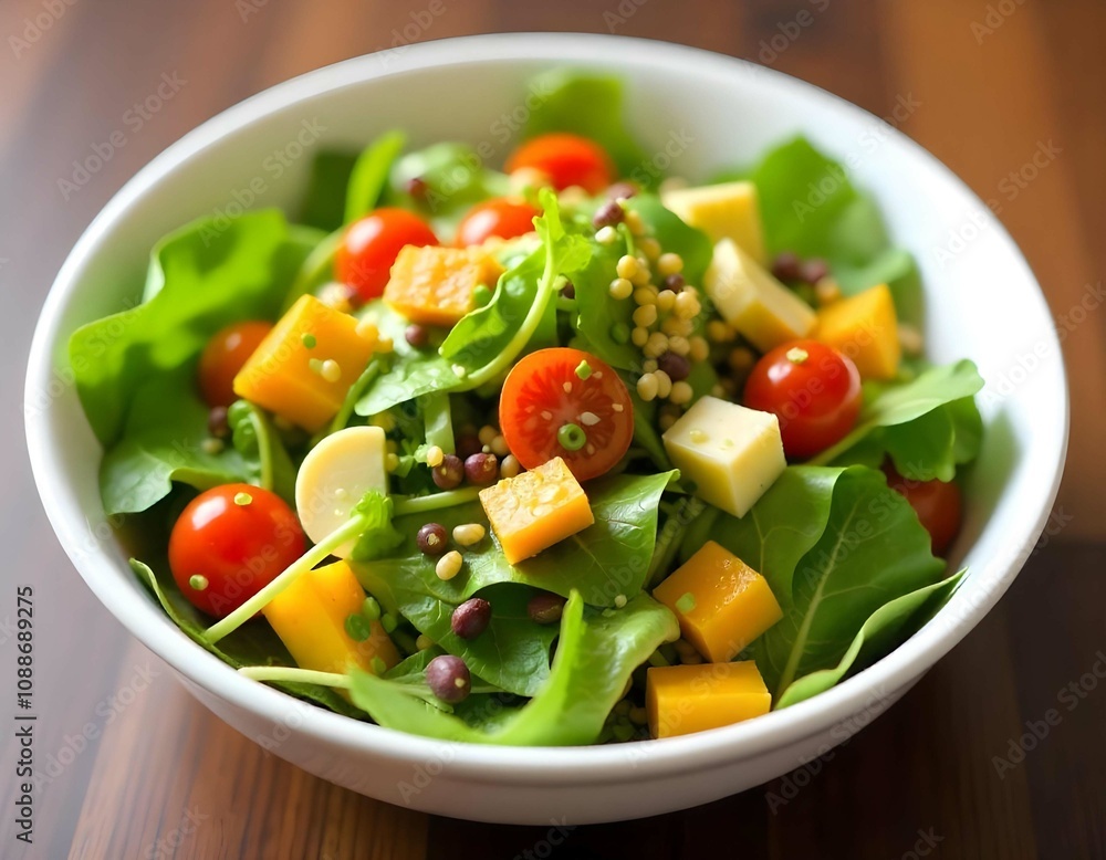 A bowl of mixed greens with colorful veggies and vinaigrette A bowl of mixed greens with colorful veggies and vinaigrette