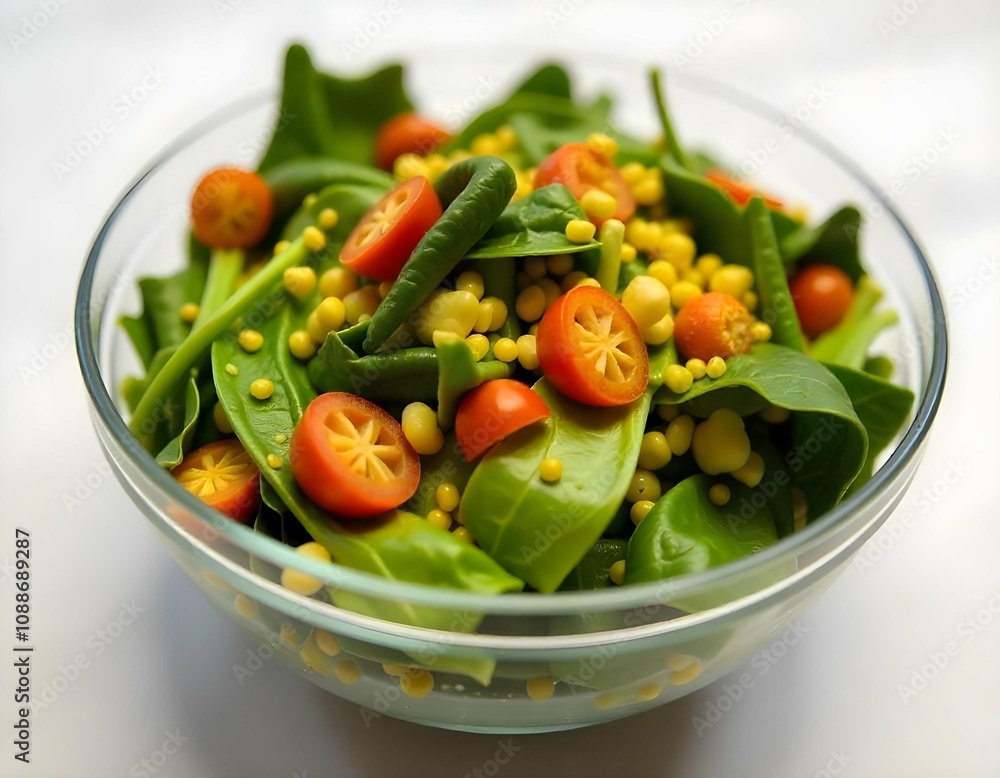 A bowl of mixed greens with colorful veggies and vinaigrette A bowl of mixed greens with colorful veggies and vinaigrette