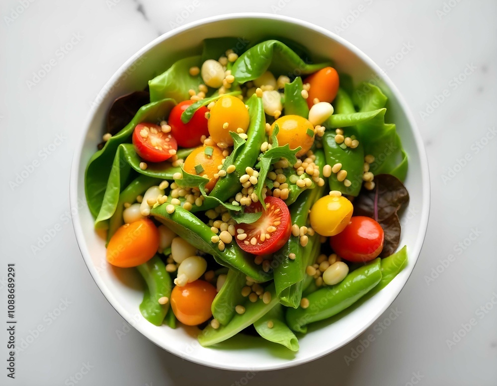 A bowl of mixed greens with colorful veggies and vinaigrette A bowl of mixed greens with colorful veggies and vinaigrette
