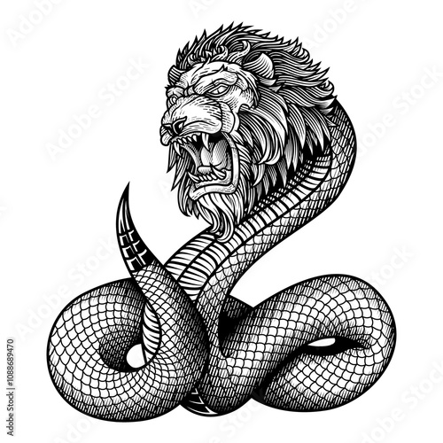Gnostic symbol of Demiurge Yaldabaoth or Chnoubis. Vector illustration in engraving technique of lion headed serpent snake. 